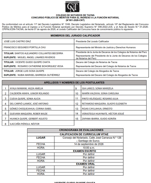 CRONOGRAMA DE EVALUACIONES DE LA CONVOCATORIA A CONCURSO PUBLICO DE MERITOS PARA EL INGRESO A LA FUNCION NOTARIAL N° 001-2026-CNT.