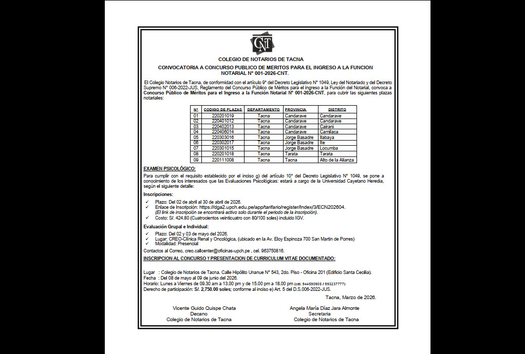 CONVOCATORIA A CONCURSO PUBLICO DE MERITOS PARA EL INGRESO A LA FUNCION NOTARIAL N° 001-2026-CNT.